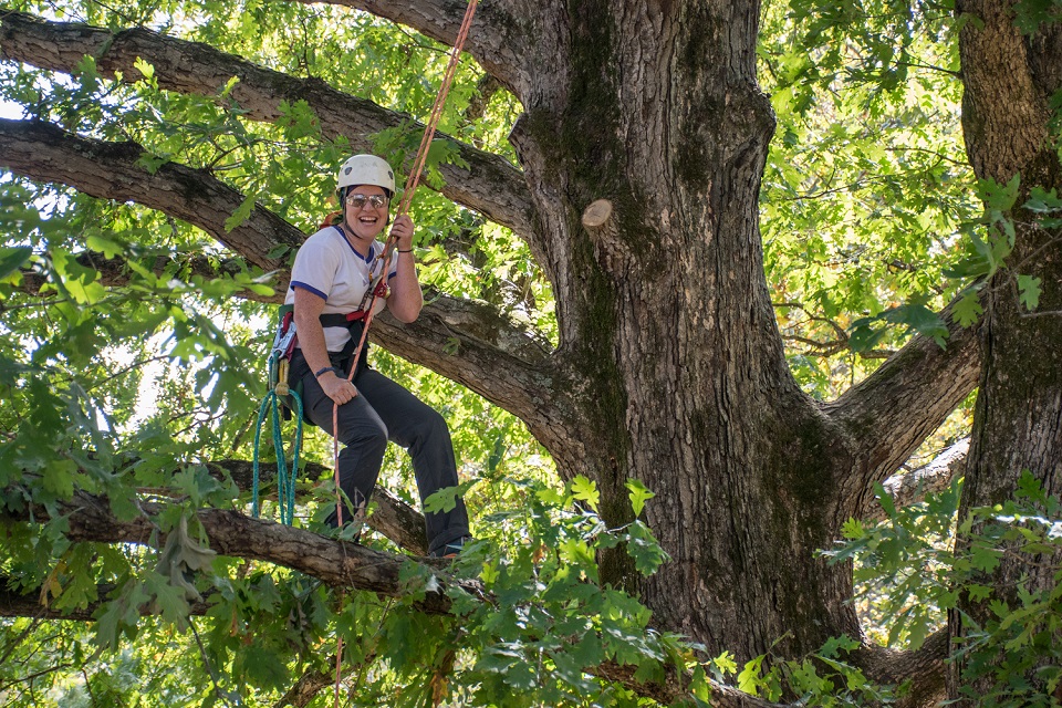 Woman limb walking in a tree