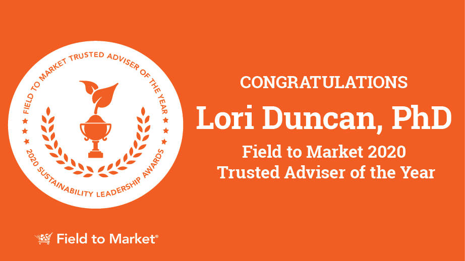 Congratulations card for Lori Duncan's Field to Market 2020 Trusted Adviser of the Year