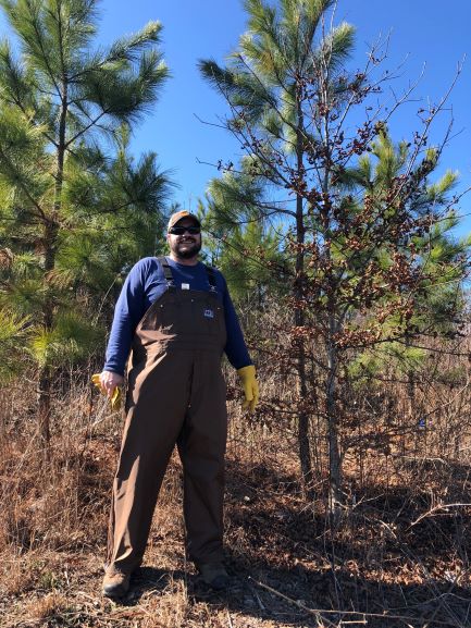 Bret Elgersma standing in an oak-pine plantation.