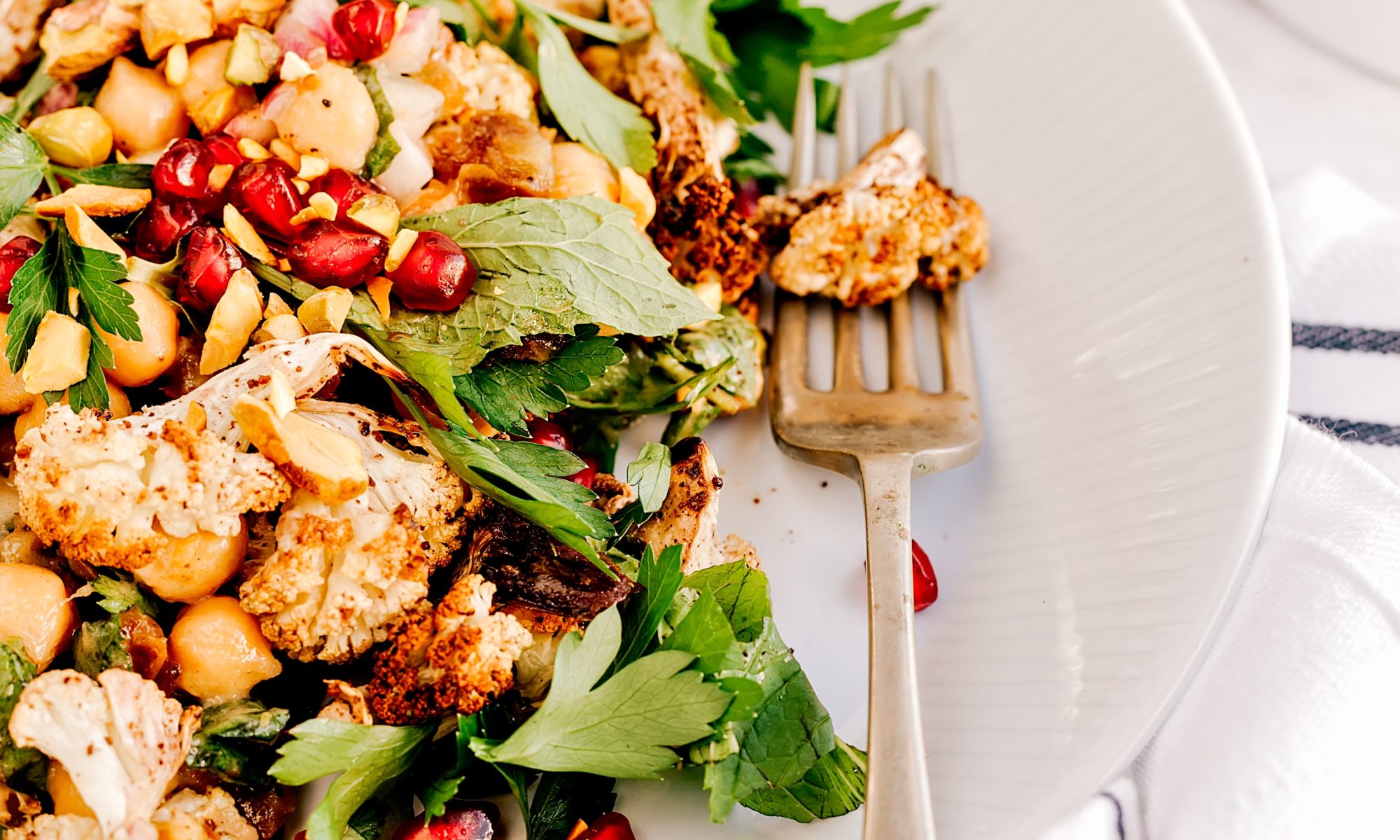 A white plate filled with salad greens, grilled chicken and other nutritious foods