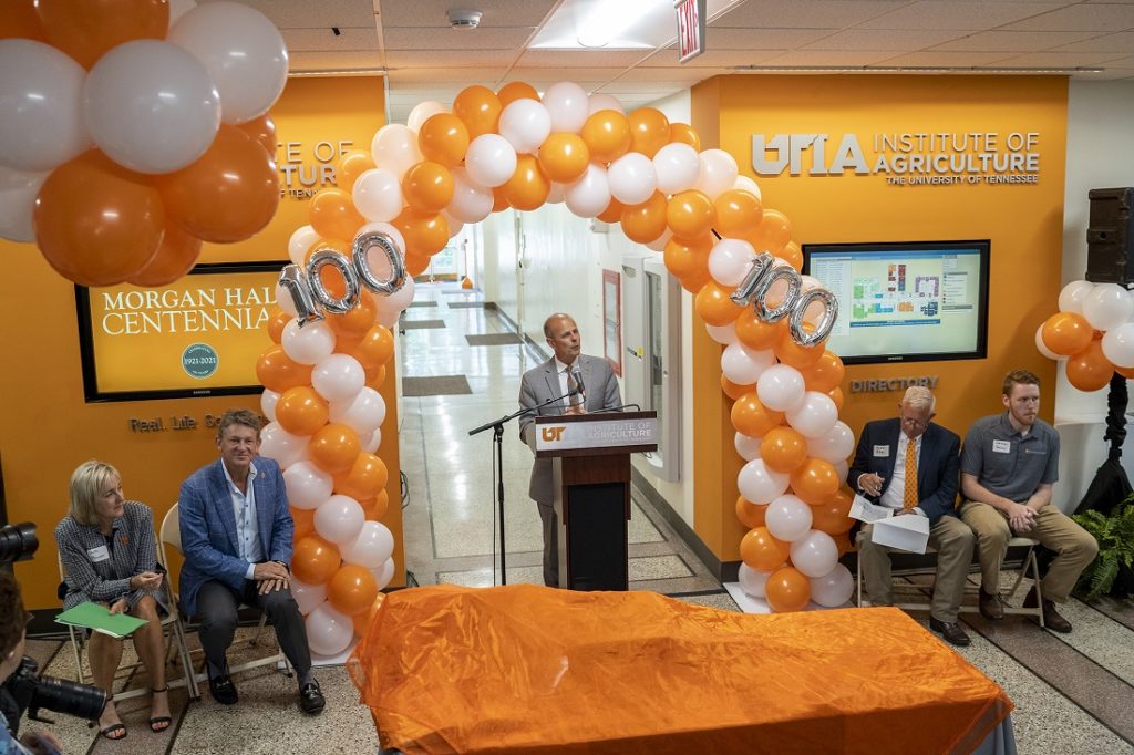 UT Institute of Agriculture senior vice president and senior vice chancellor Tim Cross speaks at a ceremony celebrating the centennial of Morgan Hall.