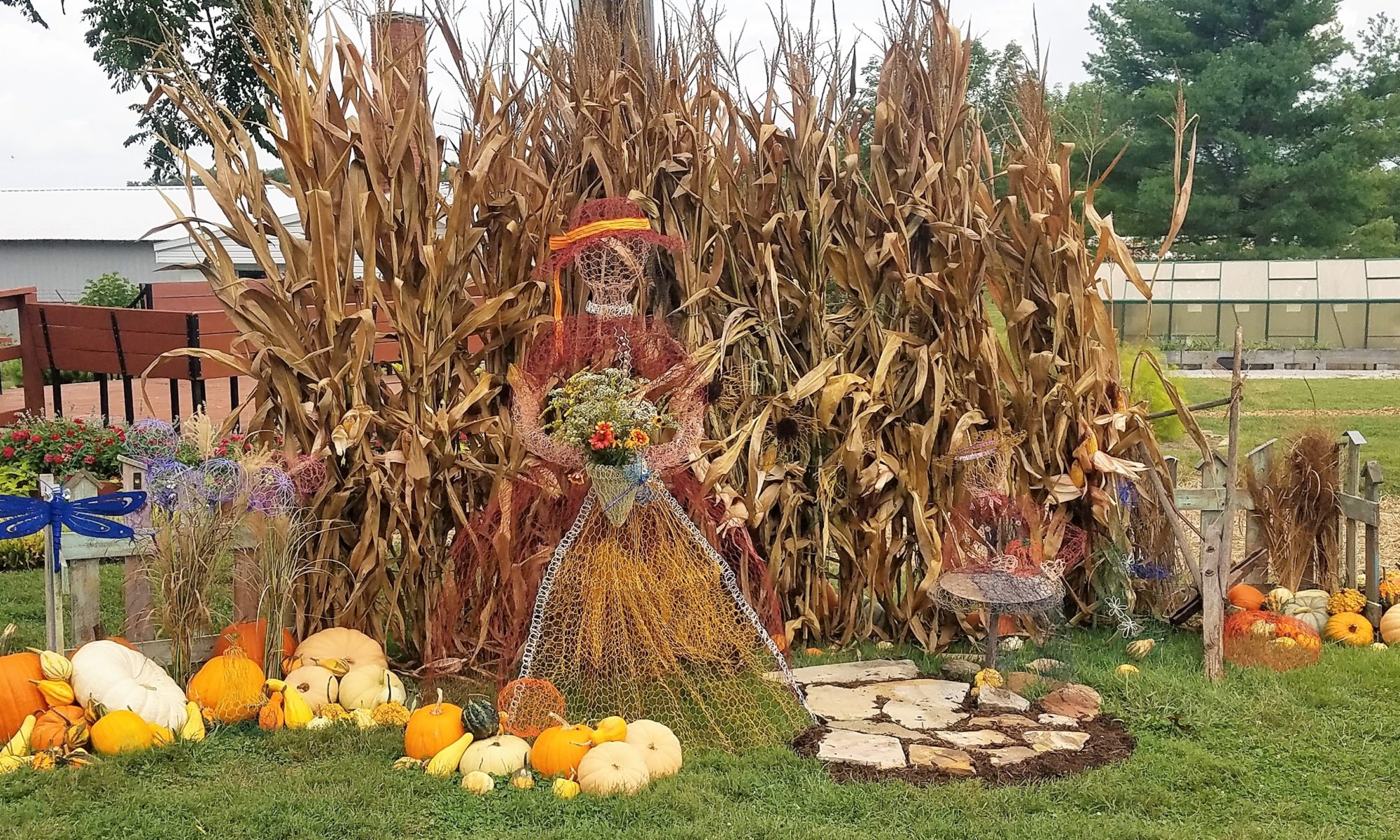 fall displa of pumpkin, corn and artwork