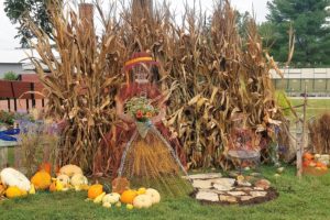fall displa of pumpkin, corn and artwork