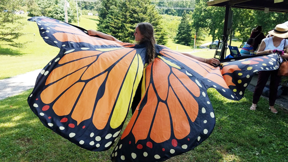 girl with brown hair wears costume butterfly wings and spins on a grass lawn