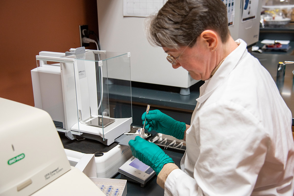 woman in lab wearing white coat and green gloves prepares a soil sample for testing