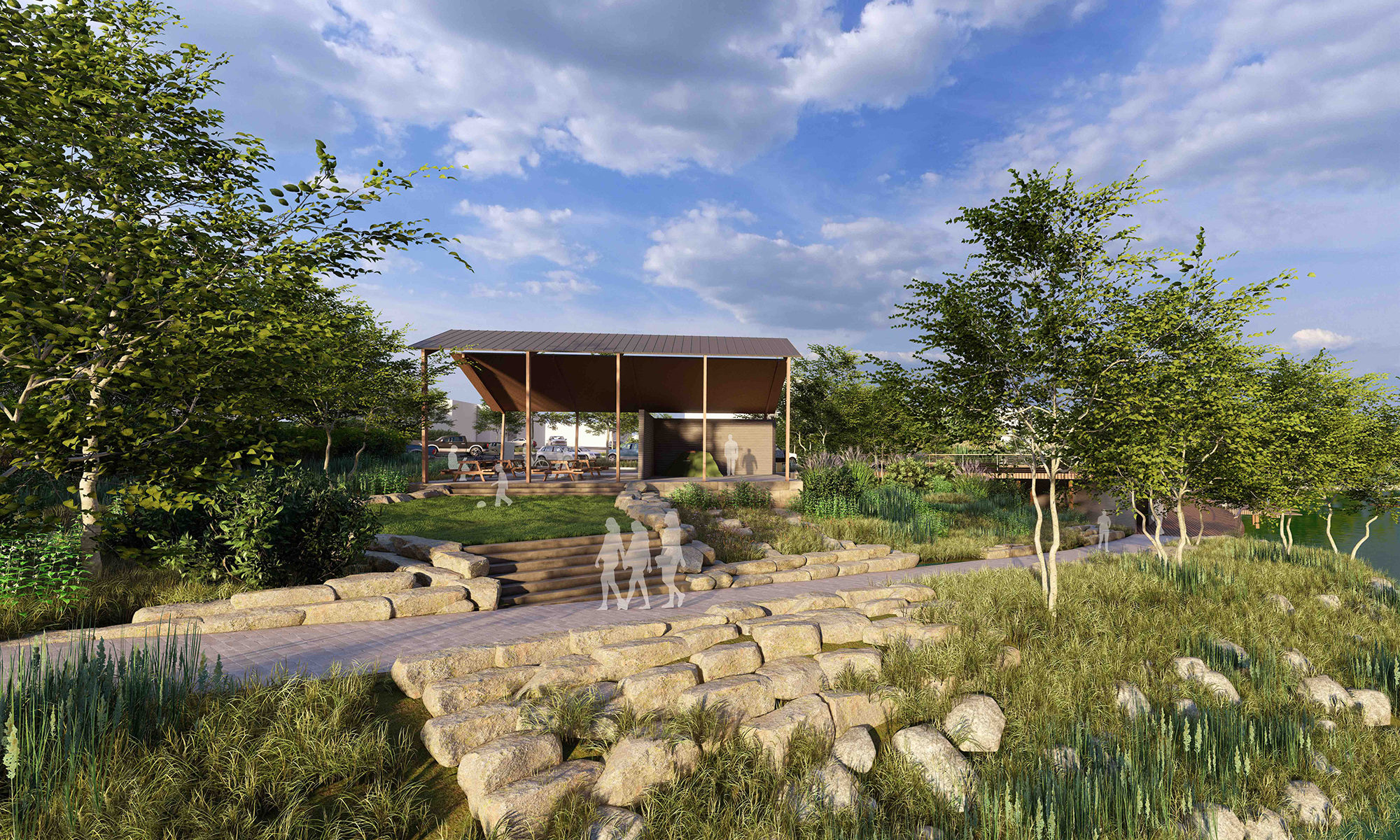 Rendered design of riverside pavilion with trees surrounding it and a pathways in front.