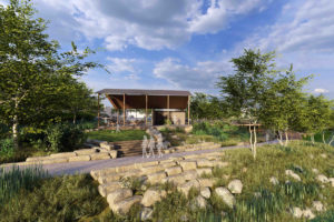 Rendered design of riverside pavilion with trees surrounding it and a pathways in front.