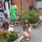 children bend over raised garden beds containing flowers