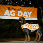 smokey the dog statue in front of an orange and white banner that reads "Welcome! Ag Day"