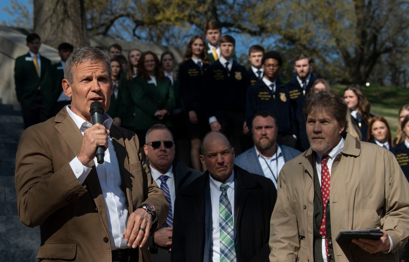Governor Bill Lee speaks on the steps of the Tennessee State Capitol during Ag Day on the Hill