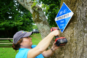 Woman with an electric drill installs a mile marker sign onto a tree