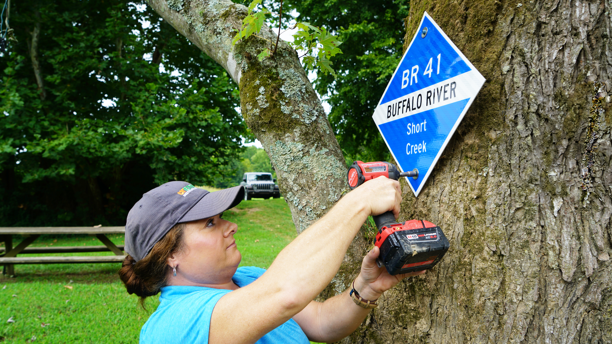 Woman with an electric drill installs a mile marker sign onto a tree