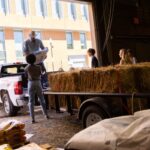 people loading a trailer with hay and animal feed