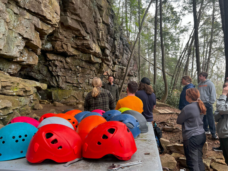 Lecturer Matt Hudson speaking to students about rock climbing in the Obed Wild and Scenic River