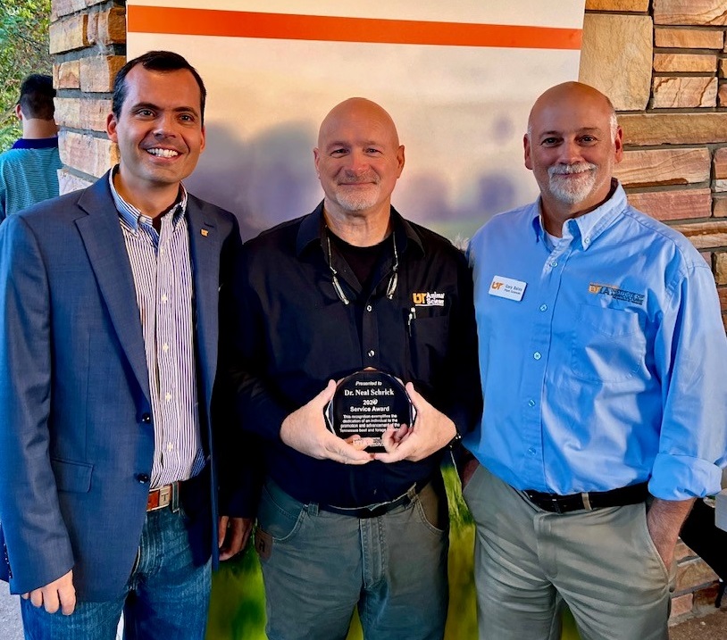 Bruno Pedreira, director of the UT Beef and Forage Center, Neal Schrick, head of the UT Department of Animal Science, and Gary Bates, head of the UT Department of Plant Sciences.