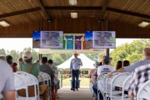 Director of the UT Beef & Forage Center Bruno Pedreira delivers a presentation to a crowd at the 2024 Steak and Potatoes Field Day