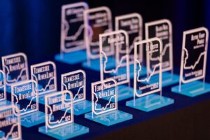 Tennessee RiverLine awards lined up on a table