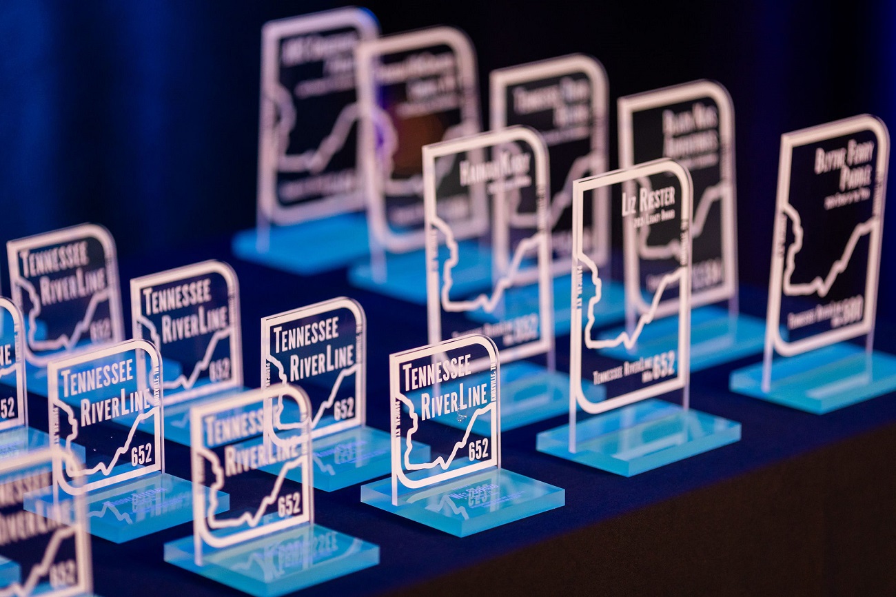 Tennessee RiverLine awards lined up on a table