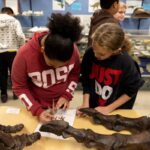Two students examine a modern turkey’s foot and the bone structure of a Tyrannosaurus rex in the fossils classroom at the Clyde Austin 4-H Center