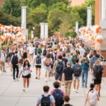students walking on ped walkway