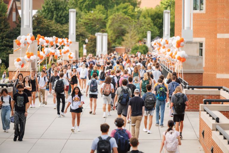 students walking on ped walkway