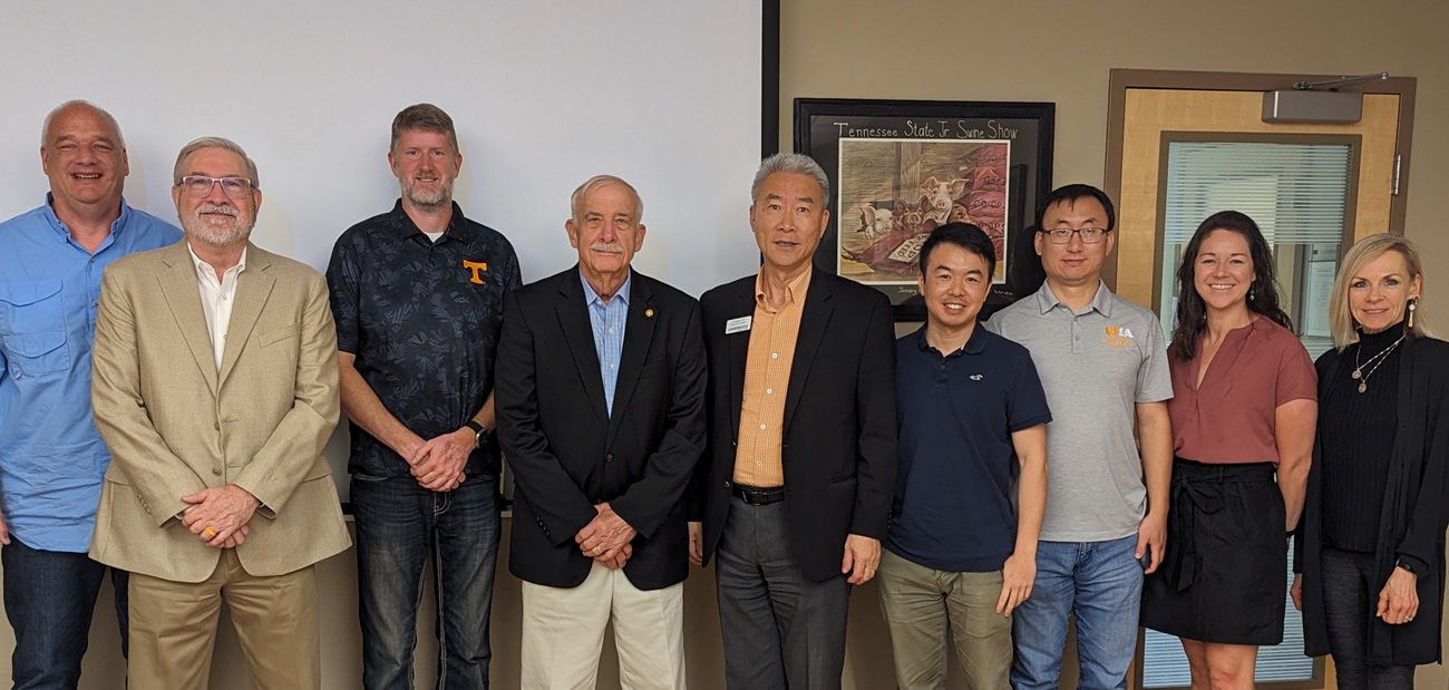 UTIA Vice Chancellor for Advancement Charley Deal; EnSenSys representatives James Buck, Steve Wakham, and John Castellaw; UT AgResearch Dean Hongwei Xin; and UTIA researchers Hao Gan, Ashley Morgan and Debra Miller.