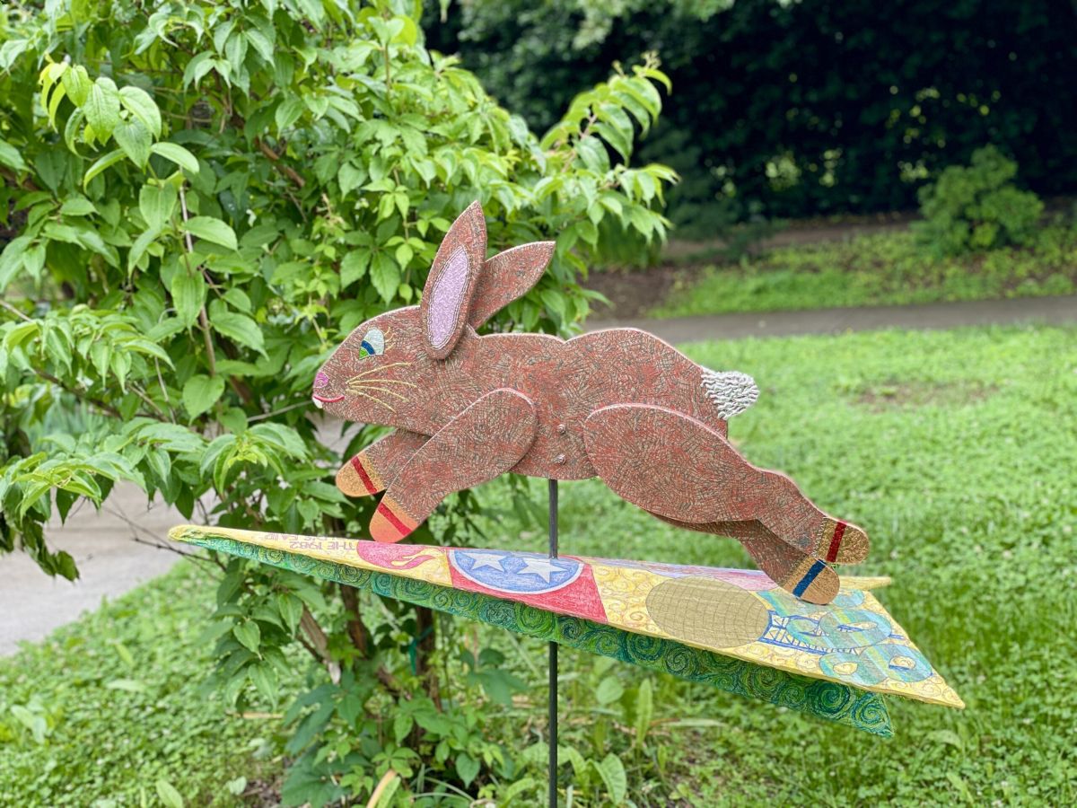 bunny art piece in the UT Gardens