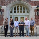 Hannah Wright, Cassie Johnson, Christopher Stripling, David White, Bryan Wright, and Dan Strasser in front of Morgan Hall