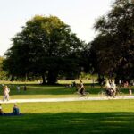 people walking, riding bikes, and sitting on grass at a park