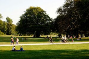 people walking, riding bikes, and sitting on grass at a park