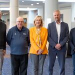 John Sorochan, UT Distinguished Professor of Turfgrass Science and Management; Alan Ferguson, FIFA senior pitch management manager; UT Knoxville Chancellor Donde Plowman; Kaj Heyral, FIFA26 director of infrastructure and technical services; and Christian Stiegler, FIFA head of stadium and infrastructure management, pose during the 2026 Pitch Management Research Field Day at the Knoxville Convention Center in Knoxville, Tennessee, on Feb. 25, 2026.