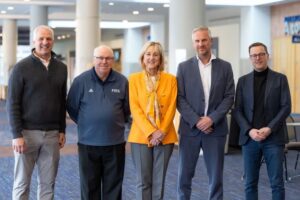 John Sorochan, UT Distinguished Professor of Turfgrass Science and Management; Alan Ferguson, FIFA senior pitch management manager; UT Knoxville Chancellor Donde Plowman; Kaj Heyral, FIFA26 director of infrastructure and technical services; and Christian Stiegler, FIFA head of stadium and infrastructure management, pose during the 2026 Pitch Management Research Field Day at the Knoxville Convention Center in Knoxville, Tennessee, on Feb. 25, 2026.