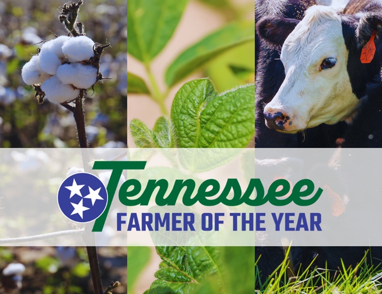Tennessee Farmer of the Year logo with images of cotton, soybeans and cattle
