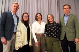Brad Collett, executive director of the Tennessee RiverLine; Karen Hundt, community planning and design director for the Chattanooga-Hamilton County Regional Planning Agency; Emily Mack, president and CEO of River City Company; Gail Loveland Barille, director of Outdoor Chattanooga; and Chattanooga Mayor Tim Kelly