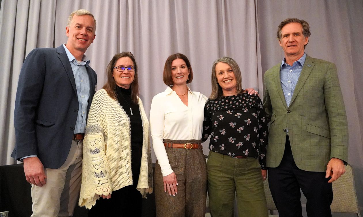 Brad Collett, executive director of the Tennessee RiverLine; Karen Hundt, community planning and design director for the Chattanooga-Hamilton County Regional Planning Agency; Emily Mack, president and CEO of River City Company; Gail Loveland Barille, director of Outdoor Chattanooga; and Chattanooga Mayor Tim Kelly