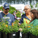 Three shoppers browse plants on a table during a plant sale