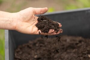 A hand scooping up soil.