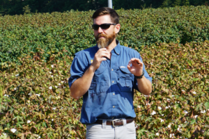 A man with a microphone speaks in front of a cotton field