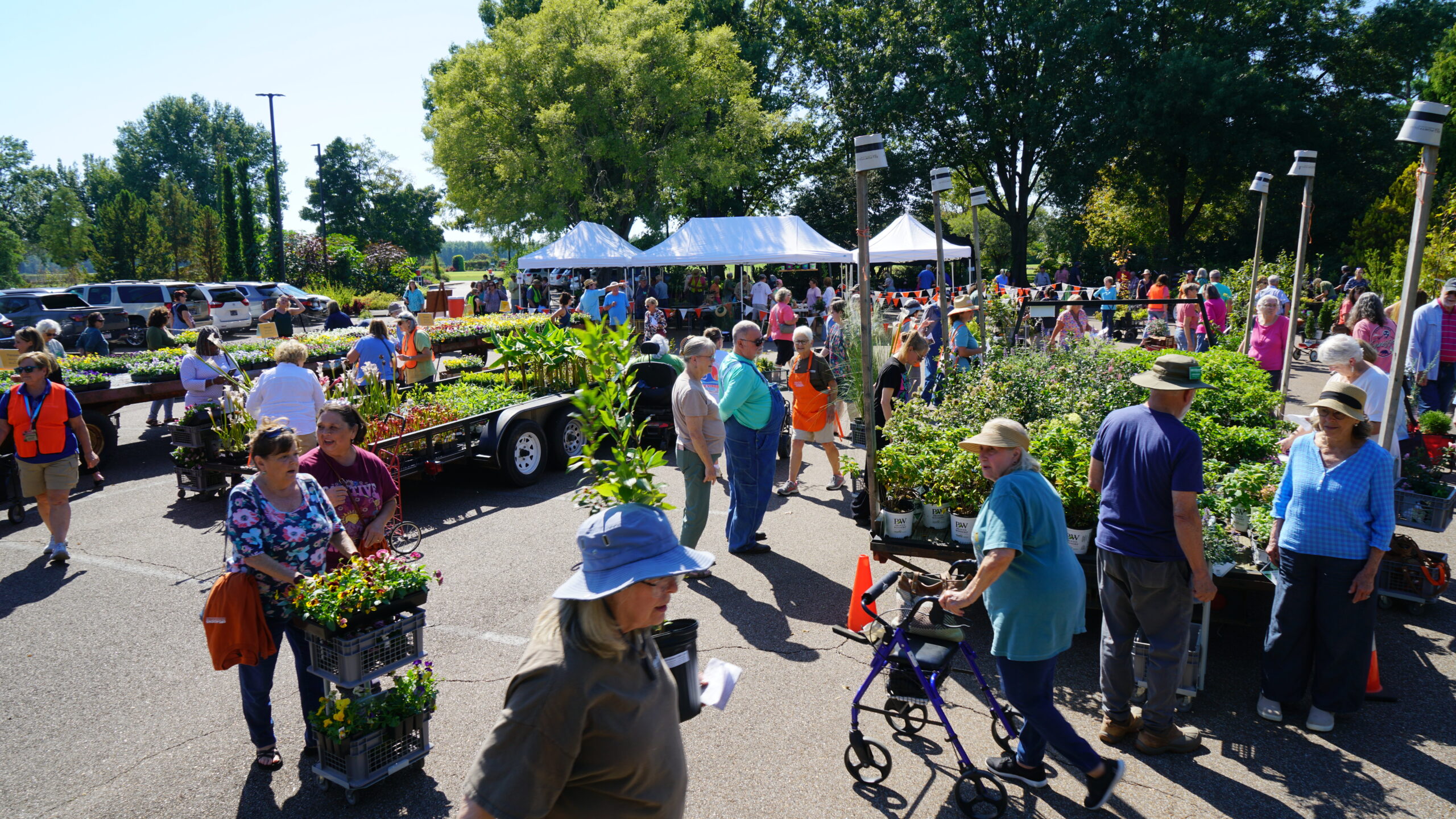 A crowd of shoppers browse trailers of plants at a plant sale