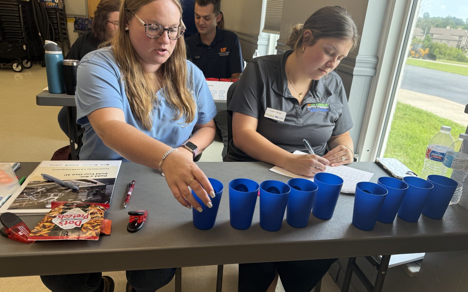 Two women perform an activity at a desk.